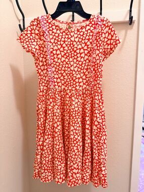 Mini Boden Red Heart Print Short Sleeve Dress with Pink Trim